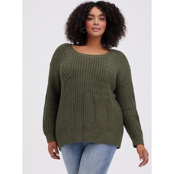 Torrid Womens Sweater Sz 0 L 12 Olive Green Cable Tie Back Thick Bow - Picture 2 of 10